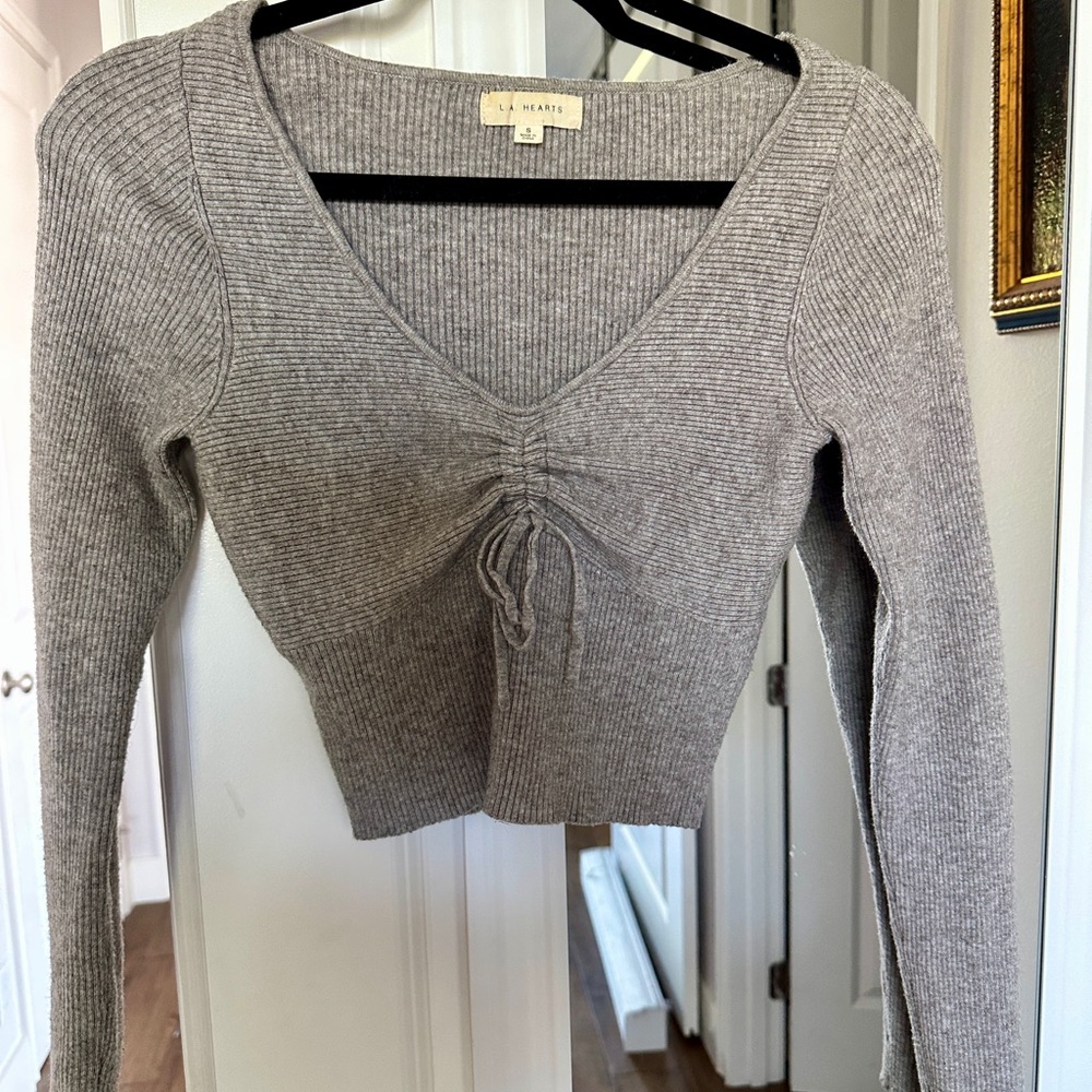 PacSun LA Hearts Gray Ribbed Cropped Cinched V Neck Sweater Small